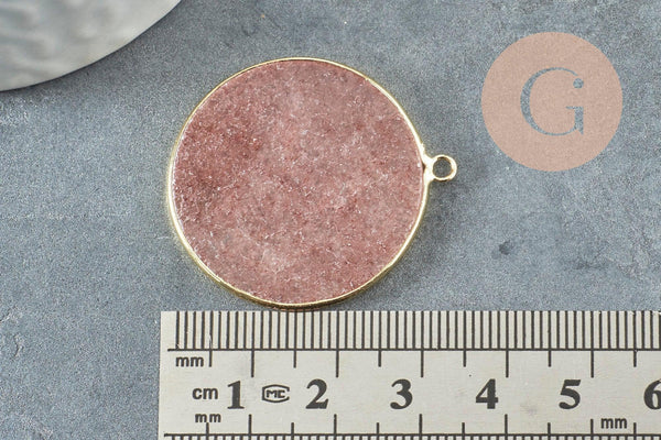 Pendentif rond quartz fraise naturel laiton doré 32mm, x1 (G3134)