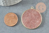 Pendentif rond quartz fraise naturel laiton doré 32mm, x1 (G3134)
