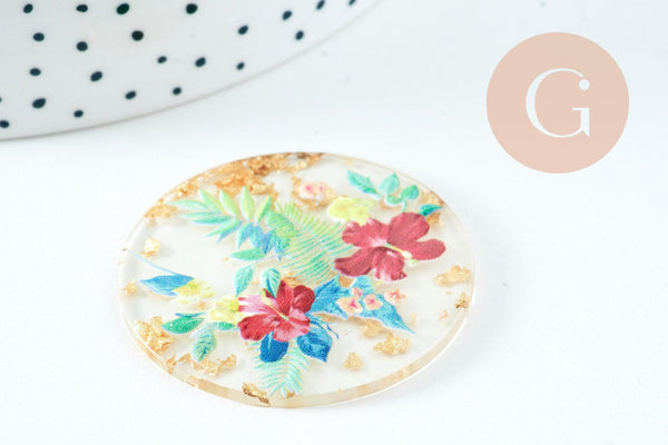 Pendentif rond résine fleur séchée 40mm, pendentif fleurs séchées coloré, création de bijoux originaux, x1 G5585