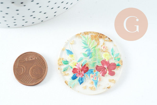 Pendentif rond résine fleur séchée 40mm, pendentif fleurs séchées coloré, création de bijoux originaux, x1 G5585