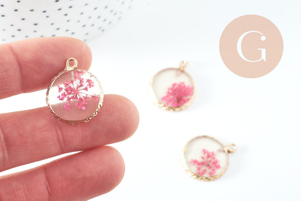 Pendentif rond résine fleurs séchées violettes 24mm, pendentif fleur de rose et or, création de bijoux originaux, x1 G5740