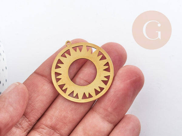 Pendentif rond soleil acier 201 inoxydable doré 33mm, création bijoux résistants x1 G6150