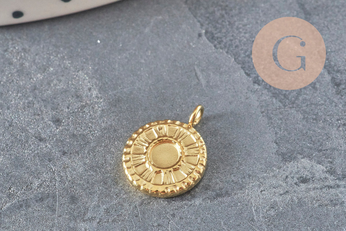 Pendentif rond soleil acier inoxydable 304 doré 14K IP 12.5mm, x1 (G8774)-Breloques et pendentifs-Gingerlily Perles