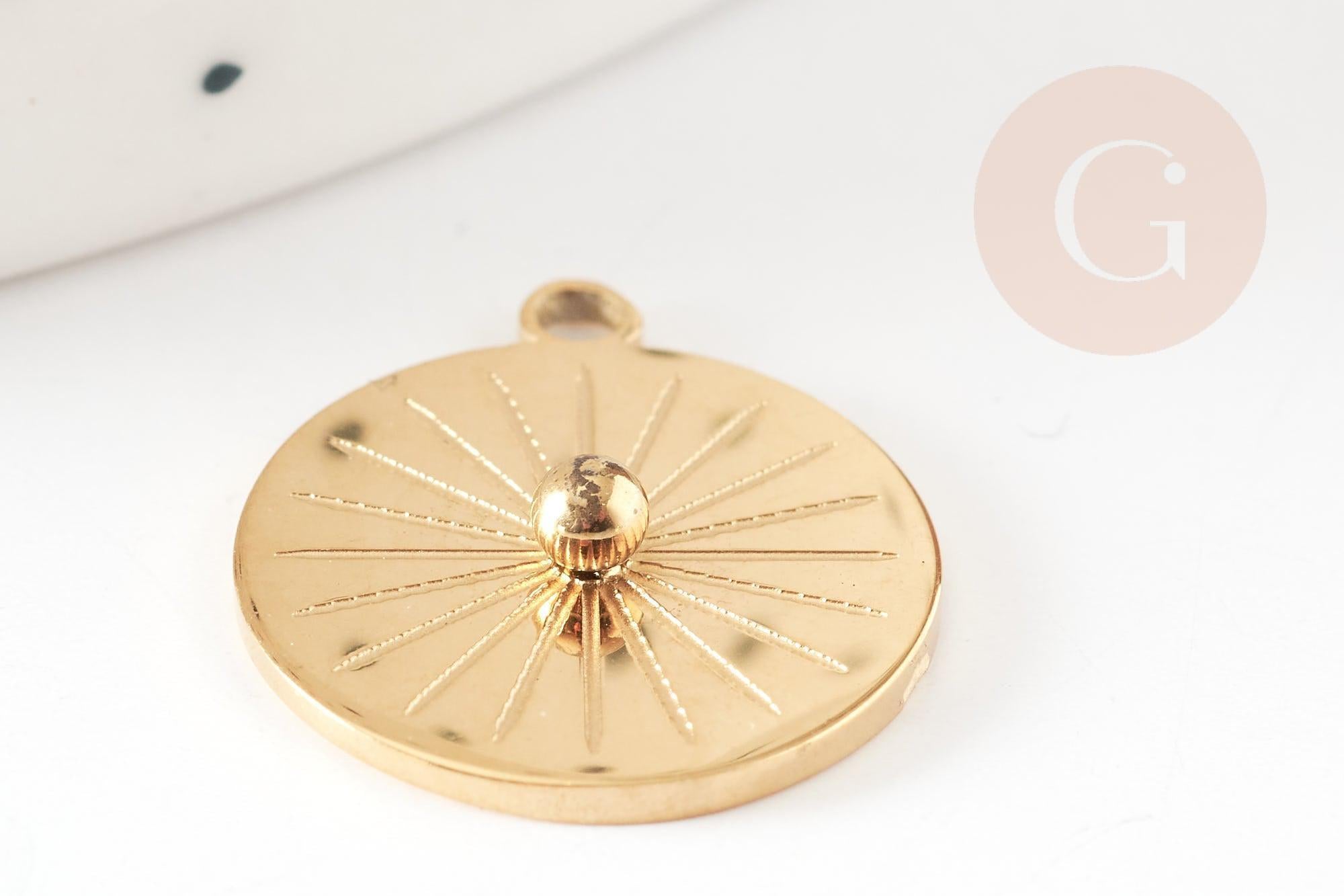 Pendentif rond soleil acier inoxydable 304 doré 14K IP 17.5mm, pendentif bijoux chance, x1 G9272