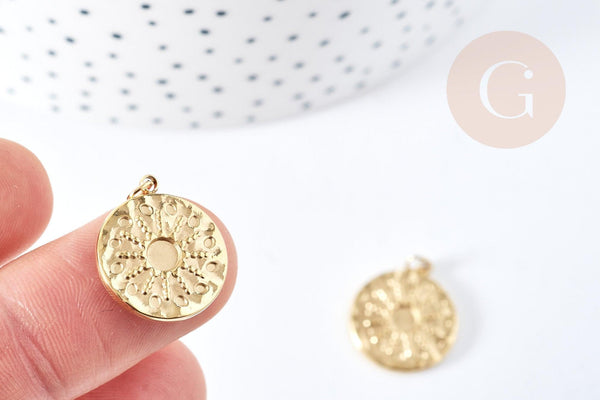 Pendentif rond soleil acier inoxydable 304 doré 14K IP 18.5mm, x1 (G8772)