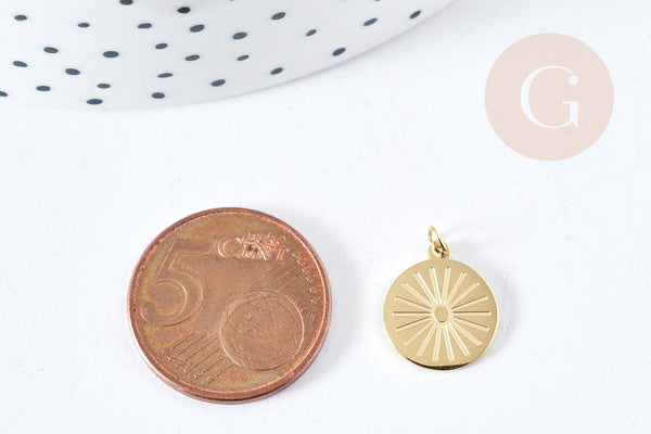 Pendentif rond soleil acier inoxydable 316L doré IP 14mm, x1 (G8741)