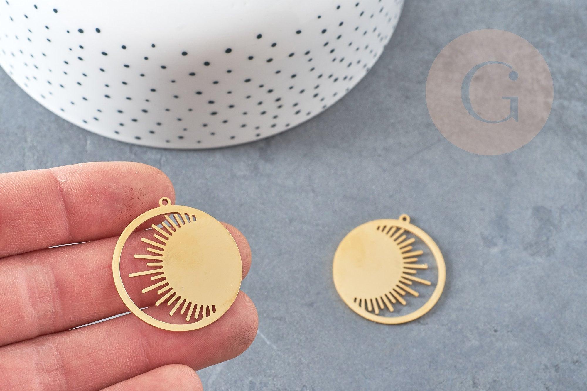 Pendentif rond soleil acier inoxydable doré 32mm, x1 (G6161)