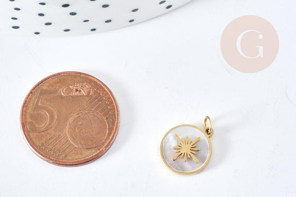 Pendentif rond soleil nacre acier inoxydable 316L doré 12.5mm, x1 (G8773)
