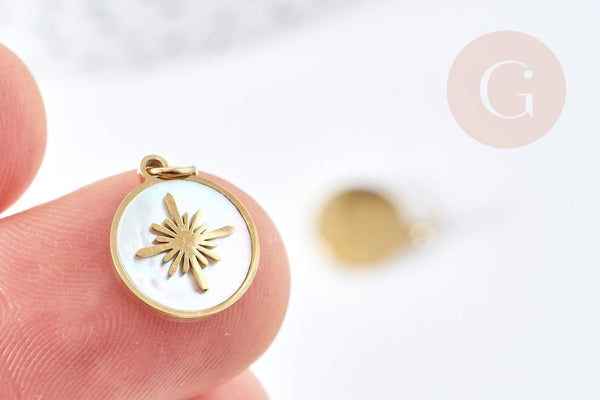Pendentif rond soleil nacre acier inoxydable 316L doré 12.5mm, x1 (G8773)