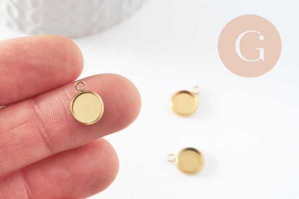 Pendentif rond support cabochon acier 304 inoxydable doré ip 8mm, x2 (G4222)
