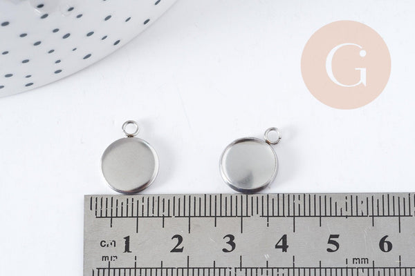 Pendentif rond support cabochon acier 304 inoxydable platine 15mm, x10 (G8940)