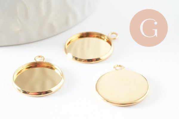 Pendentif rond support cabochon acier inoxydable IP doré 16mm, x1 (G9539)