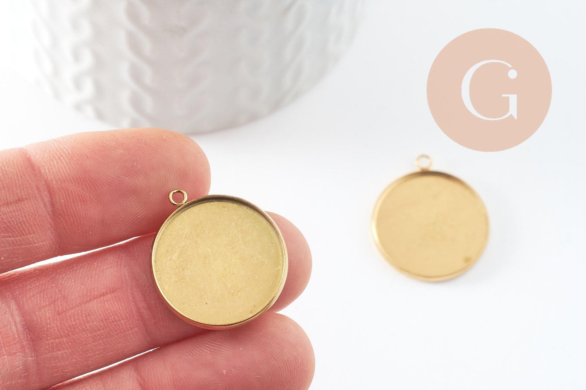 Pendentif rond support cabochon acier 304 inoxydable doré IP 20mm, x1 (G4097)