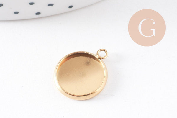 Pendentif rond support cabochon acier inoxydable doré IP 12mm, x2 (G10195)