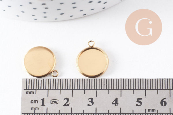 Pendentif rond support cabochon acier inoxydable doré IP 12mm, x2 (G10195)