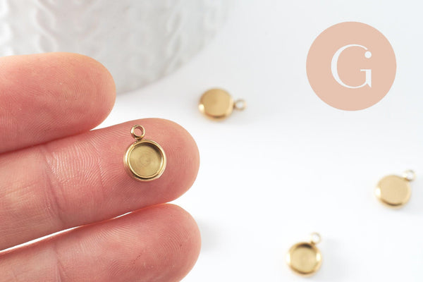 Pendentif rond support pour cabochon 6mm acier 304 inoxydable doré IP, x2 (G9860)