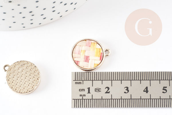 Pendentif rond textile tissé multicolore et support doré, un pendentif pour création de bijoux coloré, x2 G5675