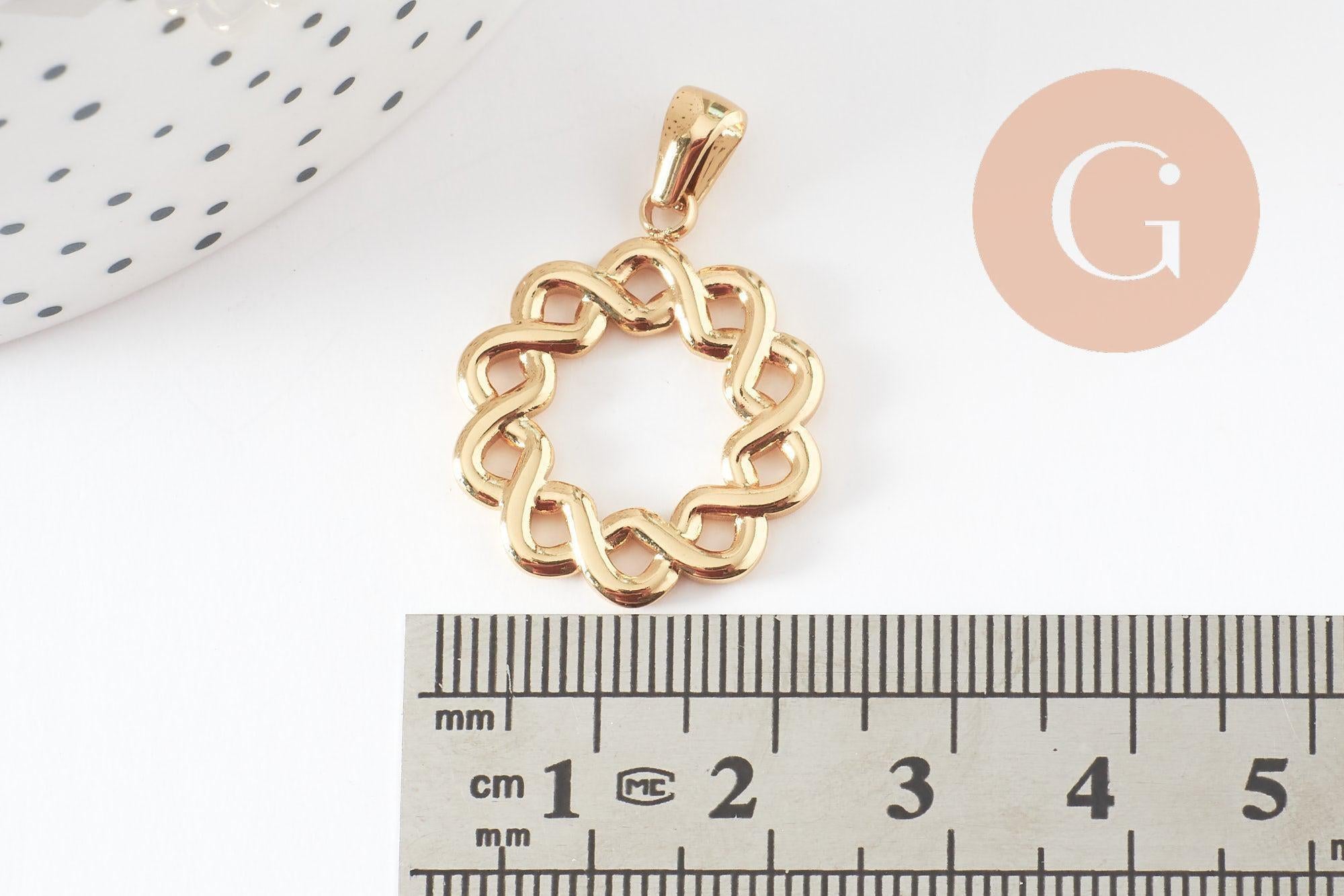 Pendentif rond tressé acier 304 inoxydable doré PVD 25mm, x1 (G10192)