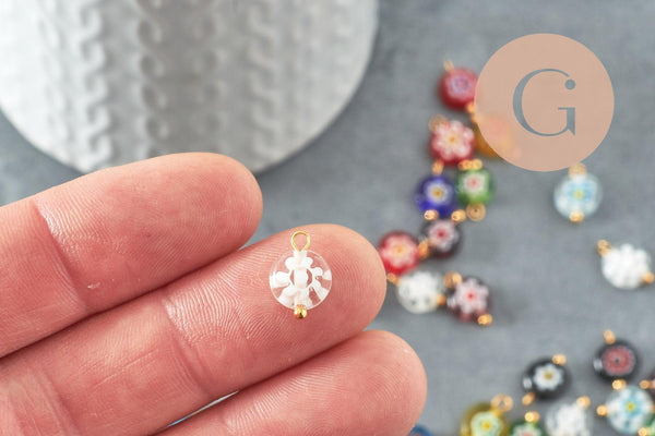 Pendentif rond verre oeil protecteur multicolore support zamac doré 12mm, x10 (G9714)