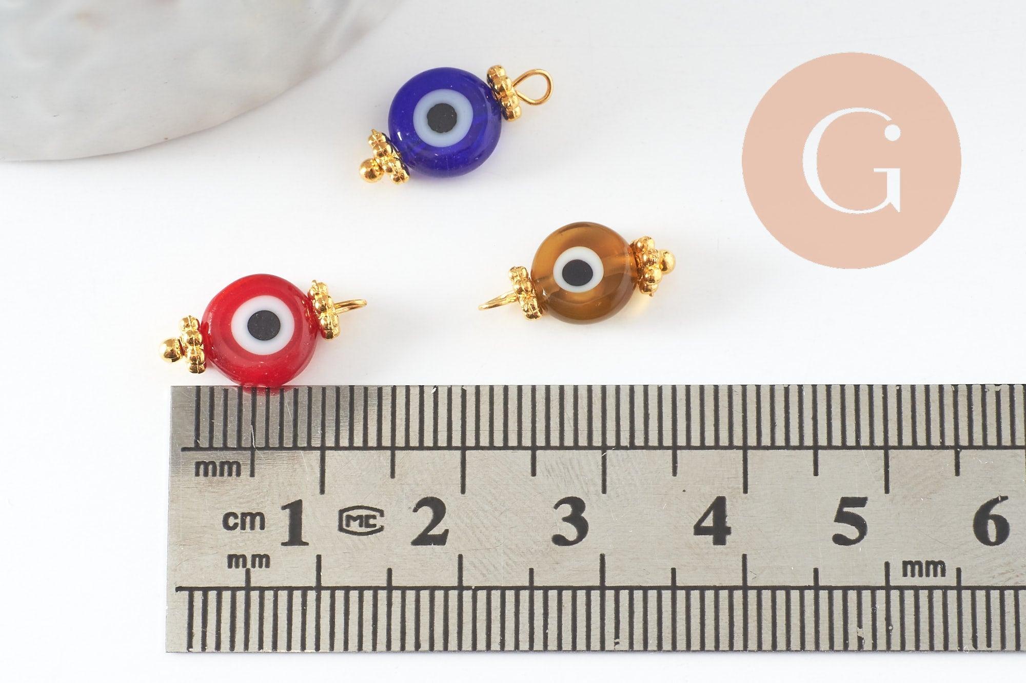 Pendentif rond verre oeil protecteur multicolore support zamac doré 9mm, x10 (G9715)