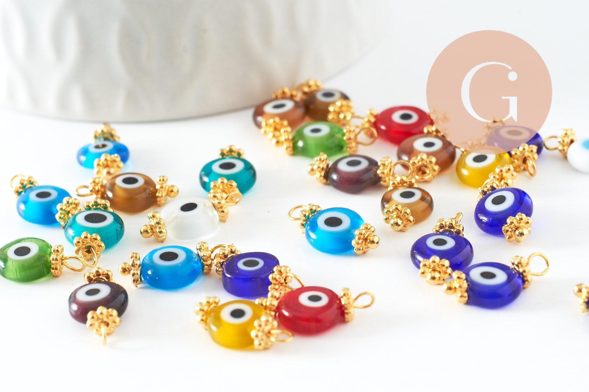 Pendentif rond verre oeil protecteur multicolore support zamac doré 9mm, x10 (G9715)