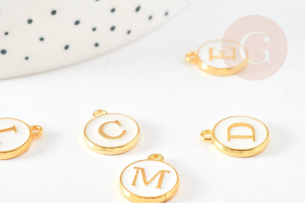Pendentif rond zamac doré initiale alphabet émail blanc 14mm, x1 (G2522)