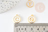 Pendentif rond zamac doré initiale alphabet émail blanc 14mm, x1 (G2522)