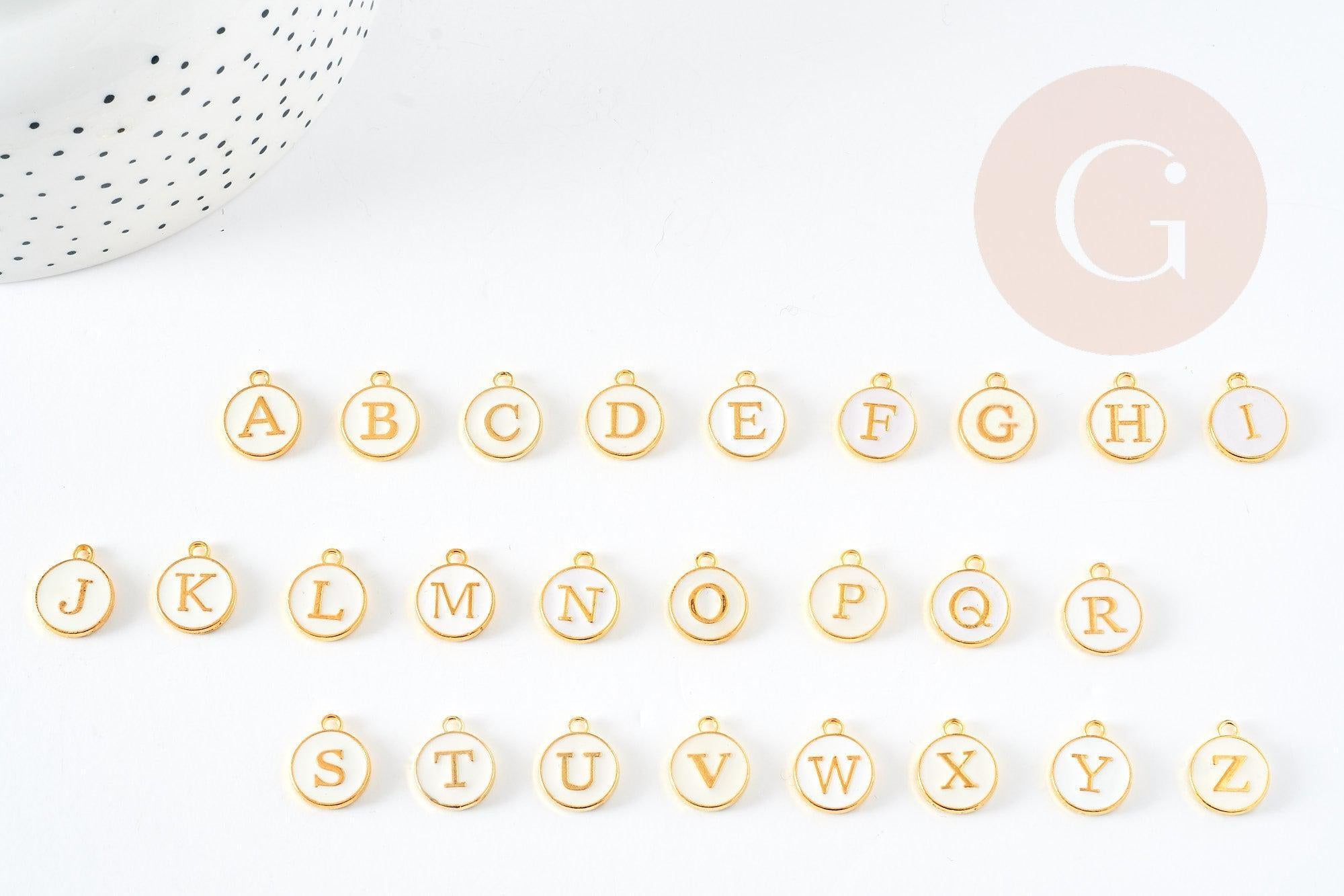 Pendentif rond zamac doré initiale alphabet émail blanc 14mm, x1 (G2522)