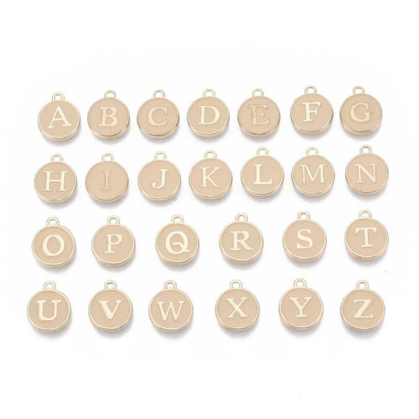 Pendentif rond zamac doré initiale émail beige 14mm, x1 (G3204)