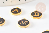Pendentif rond zamac doré initiale émail noir 14mm, x1 (G2868)