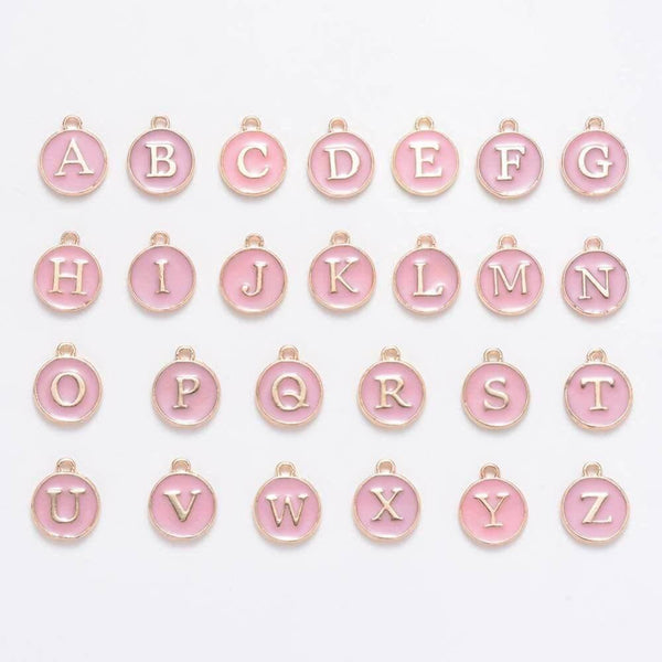 Pendentif rond zamac doré initiale émail rose clair 14mm, Pendentif femme, métal doré, pendentif initiale,14mm, x1 G2933