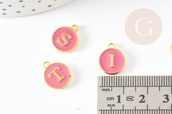 Pendentif rond zamac doré initiale émail rose foncé 14mm, métal doré, pendentif initiale,création bijoux,14mm, x1 G2934
