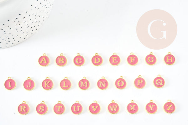 Pendentif rond zamac doré initiale émail rose foncé 14mm, métal doré, pendentif initiale,création bijoux,14mm, x1 G2934