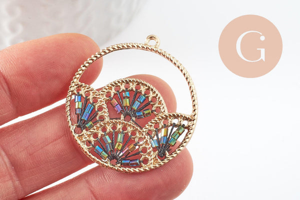Pendentif rond zamac doré tissé rocaille noire irisée dentelle 37.5mm, x2 (G4132)
