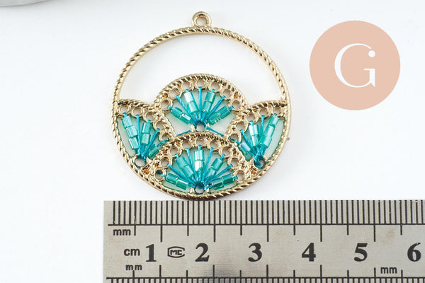 Pendentif rond zamac doré tissé rocaille vert turquoise dentelle 37.5mm, x2 (G4133)