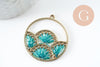 Pendentif rond zamac doré tissé rocaille vert turquoise dentelle 37.5mm, x2 (G4133)