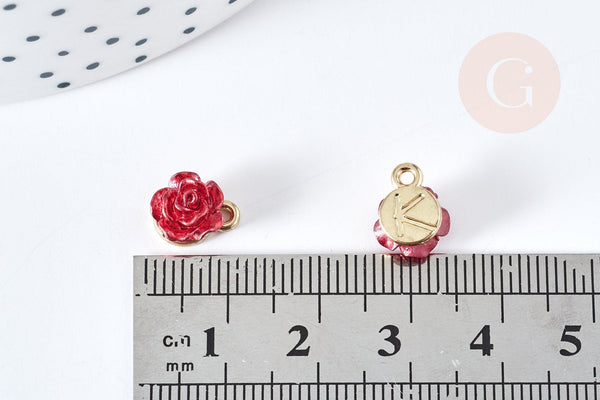 Pendentif roses rouge résine zamac doré 9.5mm, création bijoux baroque, x1 G8563