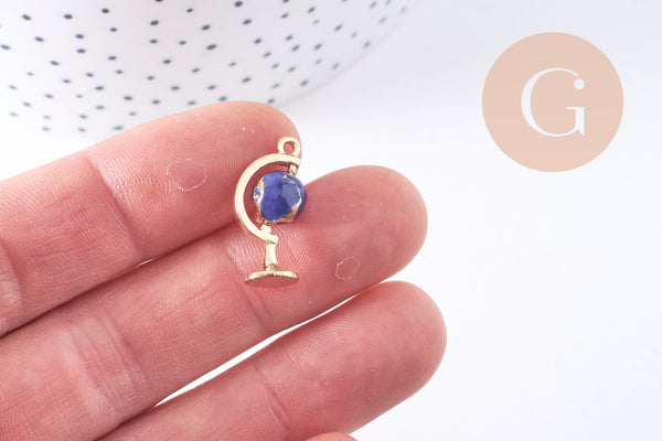 Pendentif rotatif globe terrestre monde émail bleu zamac doré 22mm, x1 (G4365)