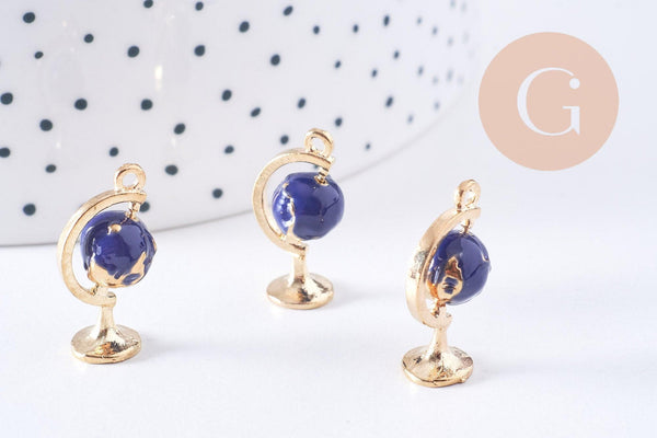 Pendentif rotatif globe terrestre monde émail bleu zamac doré 22mm, x1 (G4365)