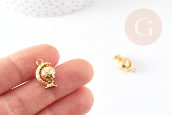 Pendentif rotatif globe terrestre zamac doré 18mm, pendentif mobile bijou voyage, x2 (G5239)