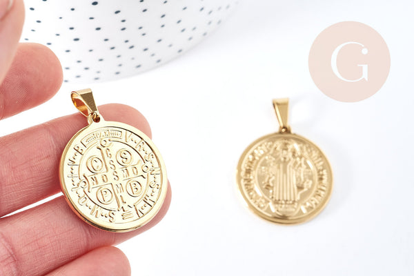 Pendentif saint Benoit acier 304 inoxydable doré 31mm, x1 (G8740)