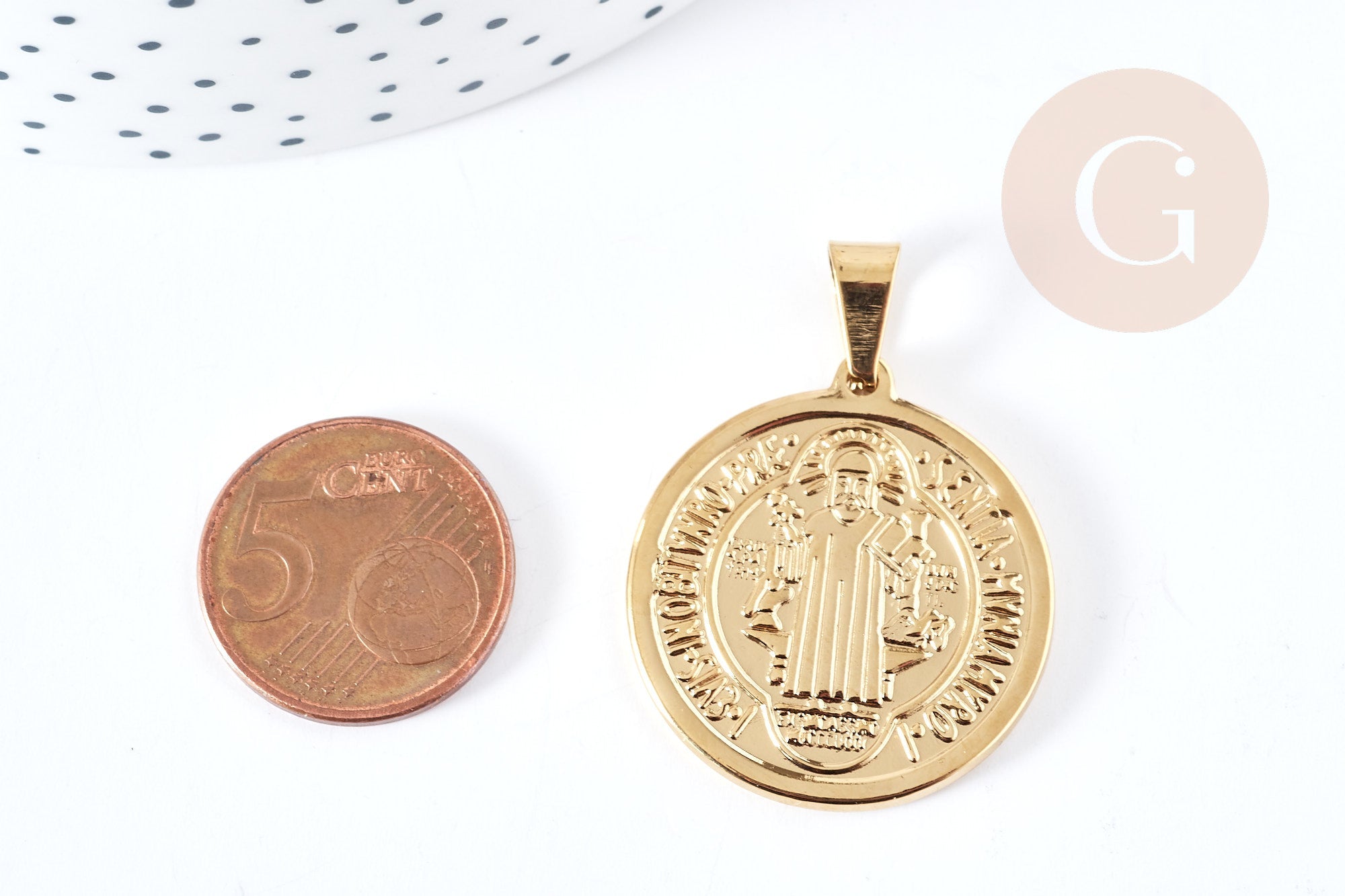 Pendentif saint Benoit acier 304 inoxydable doré 31mm, x1 (G8740)