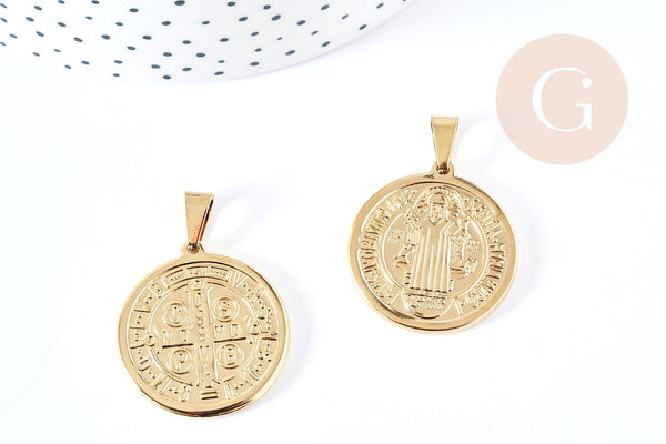 Pendentif saint Benoit acier 304 inoxydable doré 31mm, x1 (G8740)
