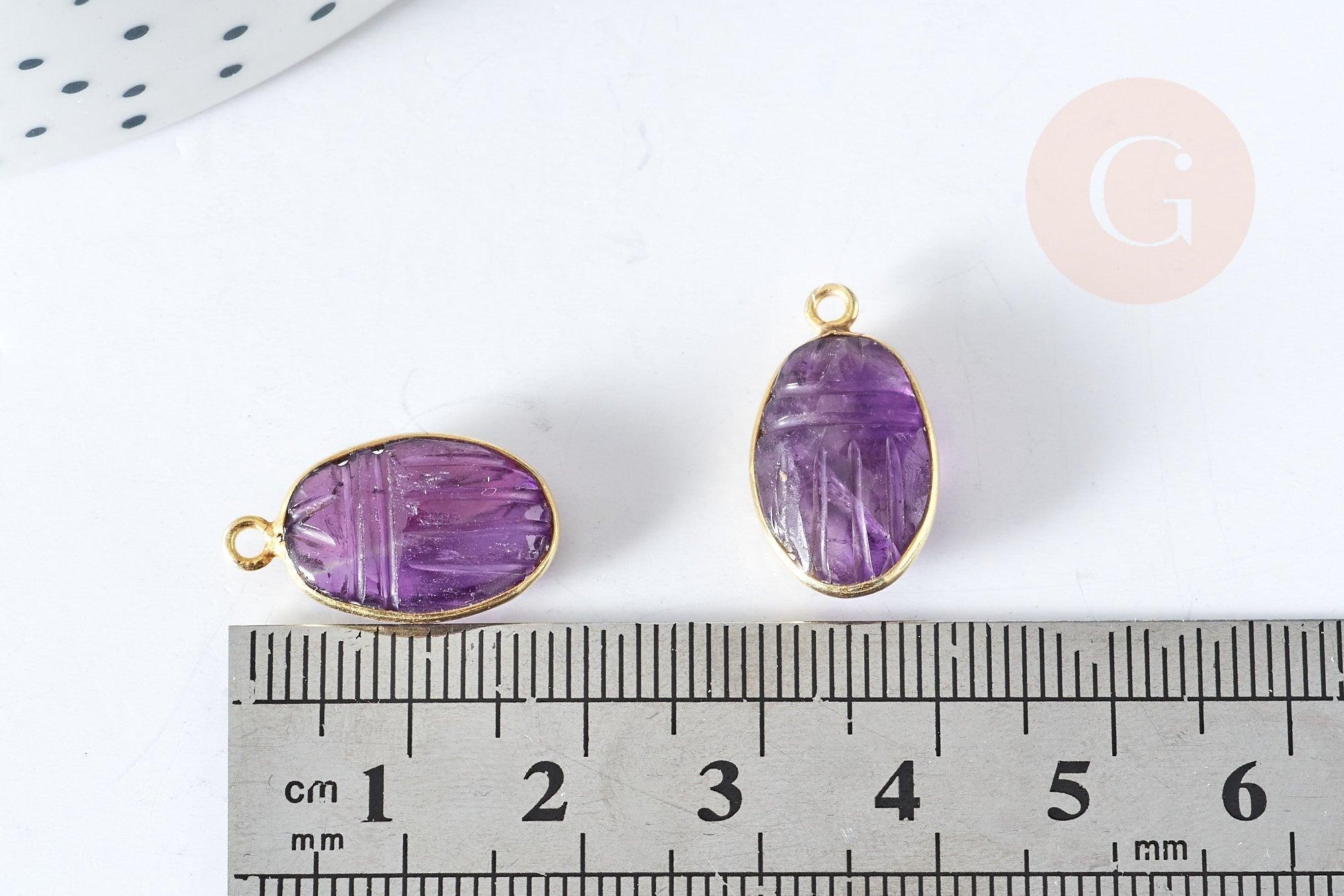 Pendentif scarabée améthyste naturelle argent 925 doré 18K 20mm,pendentif pierre chance, x1 (G7724)