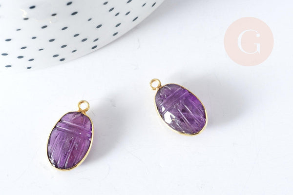 Pendentif scarabée améthyste naturelle argent 925 doré 18K 20mm,pendentif pierre chance, x1 (G7724)