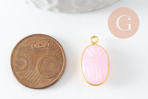 Pendentif scarabée calcedoine rose naturelle argent 925 doré 18K 20mm, x1 (G9440)