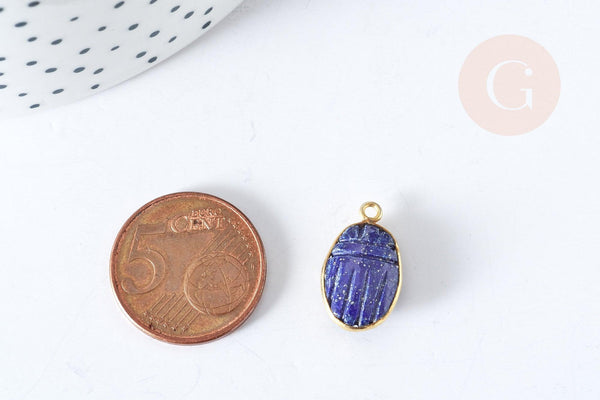 Pendentif scarabée lapis lazulis naturel argent 925 doré 18K 20mm, x1, G7723