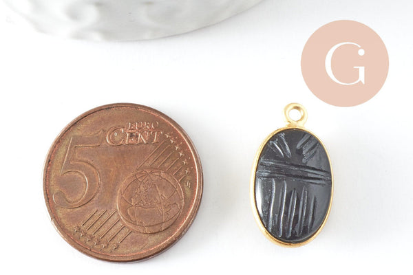 Pendentif scarabée onyx noire naturel argent 925 doré 18K 20mm, création bijou talisman en pierre x1 G9441