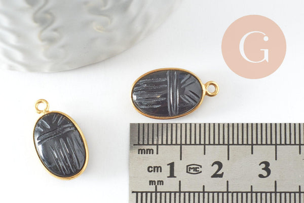 Pendentif scarabée onyx noire naturel argent 925 doré 18K 20mm, création bijou talisman en pierre x1 G9441