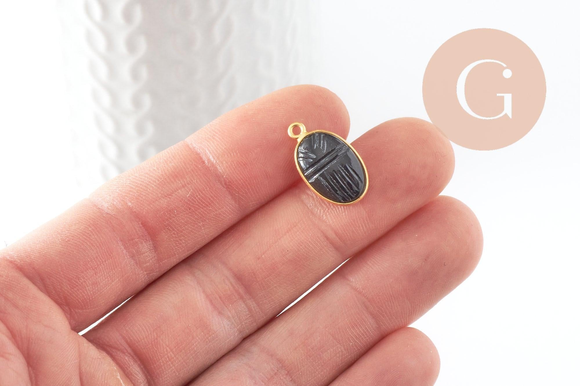 Pendentif scarabée onyx noire naturel argent 925 doré 18K 20mm, création bijou talisman en pierre x1 G9441